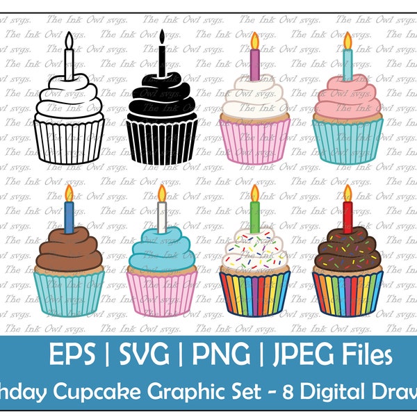 Birthday Cupcake with Candle Clipart Set / Outline, Stamp and Color Graphic / Vanilla, Chocolate, Strawberry, Sprinkles / PNG, JPG, SVG, Eps