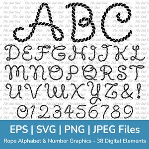 Letras y números del alfabeto en cuerda, imágenes prediseñadas vectoriales, silueta de sello, plantilla, texto, pancarta, gráfico, ABC 123, boda náutica, PNG, Jpg, Eps, Svg