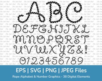 Rope Letter Alphabet & Number Vector Clipart / Stamp Silhouette Stencil Text Banner Graphic / ABC 123 Nautical Wedding / Png, Jpg, Eps, Svg