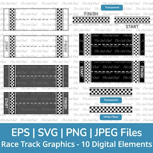 Racebaan Svg Vector Clipart Set / overzicht, stempel silhouet & kleur tekening afbeelding / start- en finishlijnen / png, jpg, svg, eps