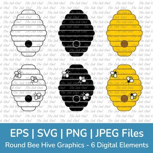 Ronde bijenkorf vector clipart set / overzicht, stempel silhouetten en kleurafbeelding / met bijen / png, svg, jpg, eps