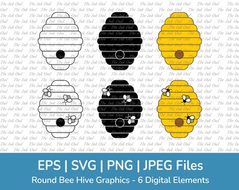 Round Bee Hive Vector Clipart Set / Outline, Stamp Silhouettes and Color Graphic / with Honey Bees /  Png, Svg, Jpg, Eps