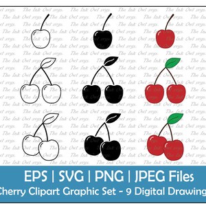 May include: A set of nine digital drawings of cherries in various styles. The cherries are red, black, and outlined in black. Some cherries have stems and leaves, while others do not. The cherries are arranged in groups of one, two, and three. The text "EPS | SVG | PNG | JPEG Files Cherry Clipart Graphic Set - 9 Digital Drawings" is at the bottom of the image.