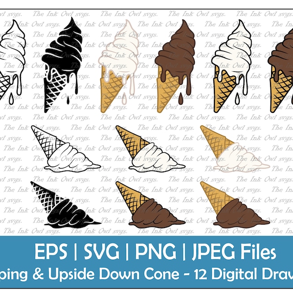 Dripping and Dropped Ice Cream Cone Vector Clipart Set / Outline & Stamp Drawing Graphics / Vanilla, Chocolate / PNG, JPG, SVG, Eps