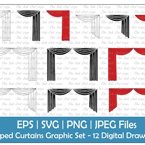 Tende drappeggiate Vector Clipart Set / Contorno, Timbro e disegno a colori Grafica / Red Carpet Theater / Uso commerciale / PNG, JPG, SVG, Eps