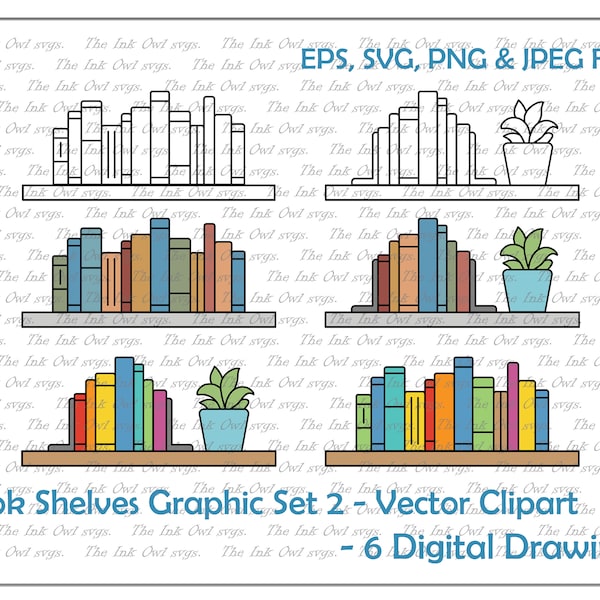 Book Shelf Vector Clipart Set / Outline & Colored Drawing Illustrations / Floating Wall Shelf Furniture Graphic / PNG, JPG, SVG, Eps