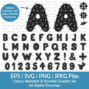 Chiffres et lettres de l'alphabet cactus Vector Clipart Set / Illustrations de timbre Silhouette / fichier coupe graphique police du désert / Svg, Png, Eps, Jpg