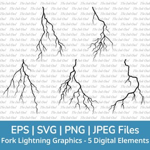 Conjunto de imágenes prediseñadas vectoriales en formato Svg de rayo de horquilla / Dibujo gráfico de contorno / Realista / Clima tormentoso / Uso comercial / Png, Jpg, Svg, Eps