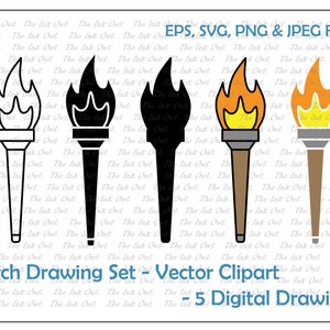 Torch Light Vector Clipart Set / Outline, Stamp and colored Drawing Illustrations / Fire / PNG, JPG, SVG, Eps