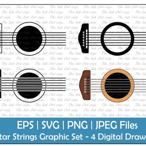 Akoestische gitaarsnaren Vector Clipart Set / Outline, Stamp & Color Graphic / Muziekinstrument / Commercieel gebruik / PNG, JPG, SVG, Eps