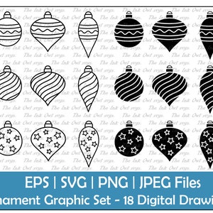 Decorated Ornaments Vector Clipart Set / Outline & Stamp Graphics / Christmas Decoration / PNG, JPG, SVG, Eps