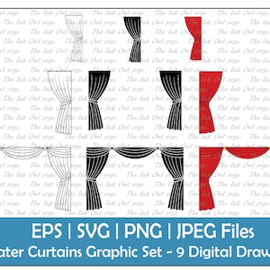 Red Theater Curtains Vector Clipart Set / Outline, Stamp and Color Graphics / Open / Commercial Use / PNG, JPG, SVG, Eps