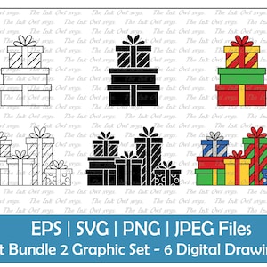 Stack of Presents Vektor Clipart Set / Outline & Stempel Grafik / Geburtstag Weihnachten Geschenkboxen / PNG, JPG, SVG, Eps