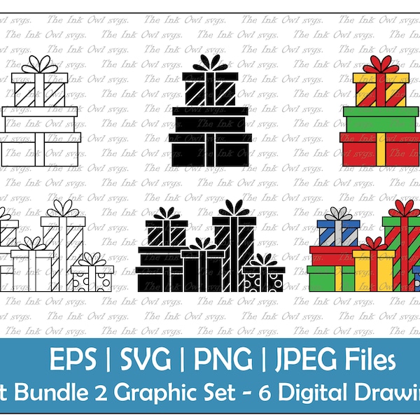 Stack of Presents Vector Clipart Set / Outline & Stamp Graphic / Birthday Holiday Christmas Gift Boxes / PNG, JPG, SVG, Eps