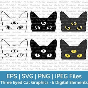 Three Eyed Cat Watching Svg Vector Clipart Set / Outline, Stamp Silhouette & Color Drawing Graphics / Png, Svg, Jpg, Eps