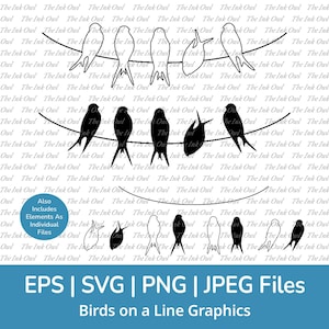 Pájaros posados en una línea - Imágenes prediseñadas vectoriales / Ilustraciones gráficas de siluetas de contorno y sello / Pájaros cantores y golondrinas / Png, Jpg, Eps, Svg