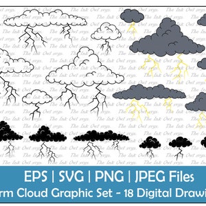 Zestaw clipartów wektorowych Storm Clouds / Kontur, stempel i grafika kolorowa / Pogoda z grzmotami i błyskawicami / Wykorzystanie komercyjne / PNG, JPG, SVG, Eps