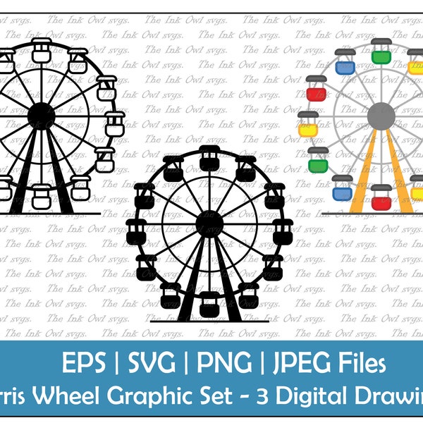 Ferris Wheel Ride Vector Clipart Set / Plan, Silhouette Tampon & Dessin Couleur Graphique / Carnaval / Sublimation / PNG, JPG, SVG, Eps