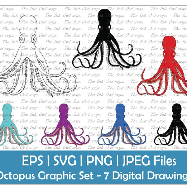 Realistic Octopus Vector Clipart / Outline, Silhouette Stamp & Color Illustration Graphics / Sublimation / Png, Jpg, Svg, Eps