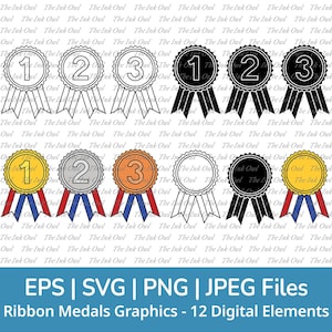 Award Ribbon Medals Svg Vector Clipart / Outline, Stamp Silhouette, Color Graphic / 1st, 2nd, 3rd, Gold, Silver, Bronze / Png, Jpg, Svg, Eps