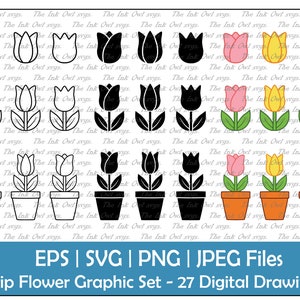 Tulp Bloempot Vector Clipart Set / Outline, Silhouet Stempel &Color Graphics / Lente Sublimatie Digitale Sticker / Png, Jpg, Svg, Eps