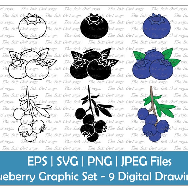 Blueberry Vector Clipart Set / Outline & Stamp Drawing Graphic / Fruit / PNG, JPG, SVG, Eps