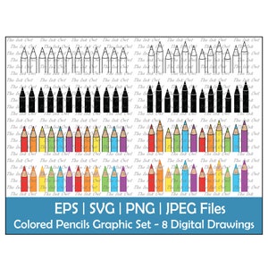 Borda de lápis colorido clipart gráfico vetorial / contorno, silhueta e ilustrações coloridas / elemento escolar decorativo / Svg, Png, Jpg, Eps