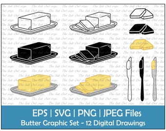 Butter Stick and Knife Vector Clipart Set / Outline, Stamp and Color Drawing Graphic / Baking Ingredients / Sliced / PNG, JPG, SVG, Eps