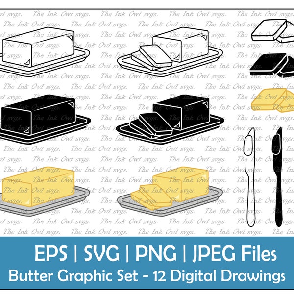 Butter Stick and Knife Vector Clipart Set / Outline, Stamp and Color Drawing Graphic / Baking Ingredients / Sliced / PNG, JPG, SVG, Eps