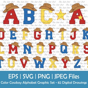 Chapéu de Cowboy Letras do Alfabeto Vetor Clipart / Texto Colorido Gráfico - Vermelho, Amarelo, Azul / Fonte ABC / Western / Estrela do Xerife / Svg, Png, Jpg, Eps