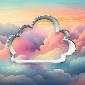 May include: A silver metal cookie cutter shaped like a cloud against a colorful background of pastel clouds.