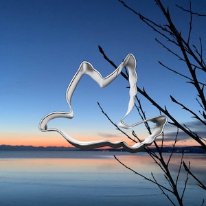 May include: A silver metal dove cookie cutter against a backdrop of a twilight sky and a frozen lake.
