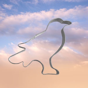 May include: A silver metal cookie cutter shaped like a bird against a light blue and pink cloudy sky.