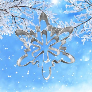 May include: A silver snowflake cookie cutter against a blue and white snowy background.