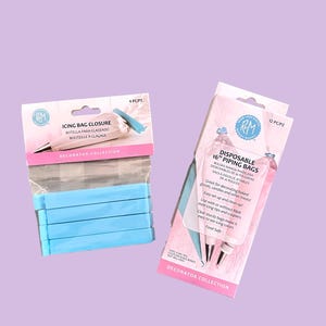 May include: A set of 12 disposable 16-inch piping bags and a set of 4 blue icing bag closures. The piping bags are clear and have a pink and white design. The icing bag closures are blue and have a white label with the text "RM DECORATOR COLLECTION".