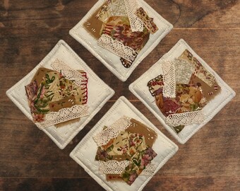 Fabric Scented Coasters  set/4 Slow Stitching Vintage look. OOAK
