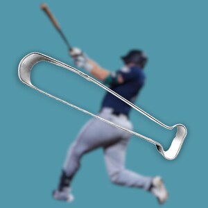 May include: A silver metal baseball bat cookie cutter. The cookie cutter is shaped like a traditional baseball bat with a rounded handle and a flat, wide blade.