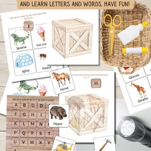 May include: A printable set of educational flashcards for children featuring a variety of animals, objects, and letters. The cards are designed to help children learn vocabulary and the alphabet. The cards are printed on white paper with a woodgrain background.