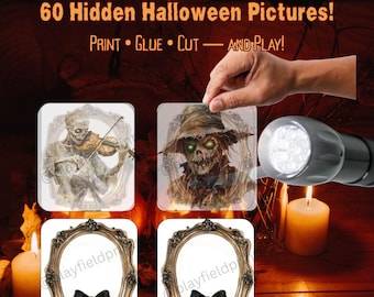 May include: A Halloween-themed game with the text "Flashlight Reveal Game 60 Hidden Halloween Pictures!" The image shows a flashlight illuminating a card with a spooky image. Other cards feature Halloween-themed illustrations and decorative frames.