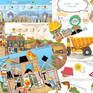 May include: Colorful children's construction-themed game with cartoon dinosaurs. The game includes text that says "Dino Construction I Spy Game." and "Find the right shadow." The image features a dump truck, tools, and building materials.