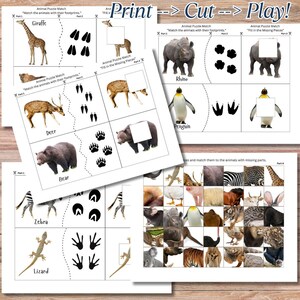 May include: A printable educational activity for kids featuring animal footprints and matching animal silhouettes. The activity includes a giraffe, rhino, penguin, deer, bear, zebra, and lizard.