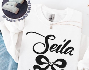 Aangepaste bladerdeegsweater, coquette Bow ronde hals, hoodie met jouw naam, leuke gepersonaliseerde trui met reliëf, trui met tekst, custom meisje cadeau