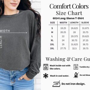 The image is a size chart for a long-sleeve t-shirt, showing the measurements for different sizes. It also includes a washing and care guide for the t-shirt, providing instructions on how to properly wash and care for the garment.