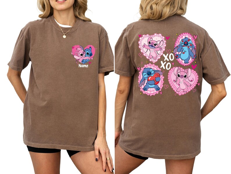 Comfort Colors® Stitch and Angel Couple Shirt, Disney Valentines Day T-Shirt, XOXO Stitch and Angel Custom Name Tees, WDW Valentines Day Tee