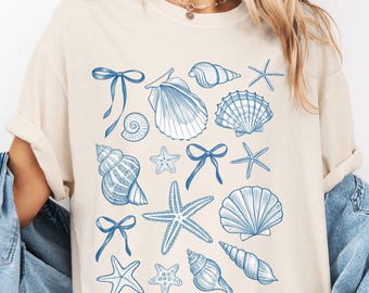 Comfort Colors® T-shirt, Seashell Coquette Bow Shirt, Starfish Seashelves Tee, Beach Lover Crewneck, Cute Coastal Top, Summer Vacation Tee