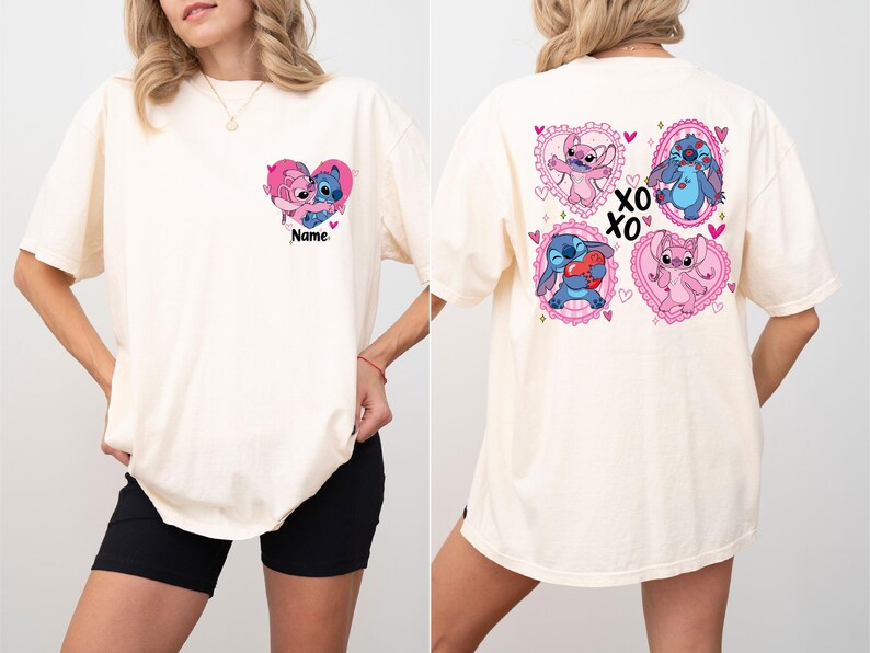 Comfort Colors® Stitch and Angel Couple Shirt, Disney Valentines Day T-Shirt, XOXO Stitch and Angel Custom Name Tees, WDW Valentines Day Tee