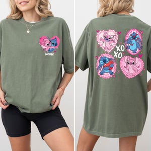 Comfort Colors® Stitch and Angel Couple Shirt, Disney Valentines Day T-Shirt, XOXO Stitch and Angel Custom Name Tees, WDW Valentines Day Tee