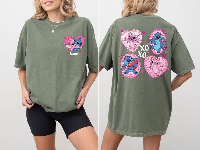 Comfort Colors® Stitch and Angel Couple Shirt, Disney Valentines Day T-Shirt, XOXO Stitch and Angel Custom Name Tees, WDW Valentines Day Tee