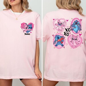 Comfort Colors® Stitch and Angel Couple Shirt, Disney Valentines Day T-Shirt, XOXO Stitch and Angel Custom Name Tees, WDW Valentines Day Tee