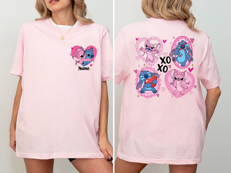 Comfort Colors® Stitch and Angel Couple Shirt, Disney Valentines Day T-Shirt, XOXO Stitch and Angel Custom Name Tees, WDW Valentines Day Tee